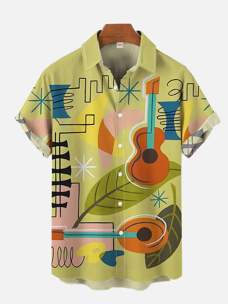 thumbnail image 1 of Nueva camisa de manga corta clásica con estampado 3D de notas musicales y elementos de arte hawaiano a la moda, camisas hawaianas de moda para hombres, estilo Harajuku, 1 of 5
