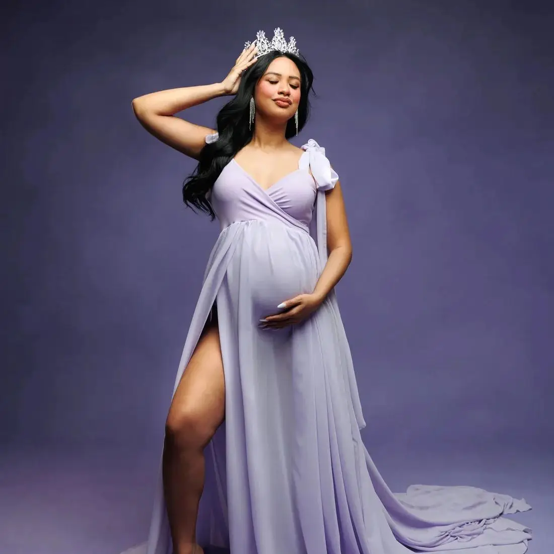 

Purple V Neck Maternity Dresses for Photoshoot SImple Pregnant Prom Gowns Photo Shoot Dresses Side Slit Baby Shower Robes