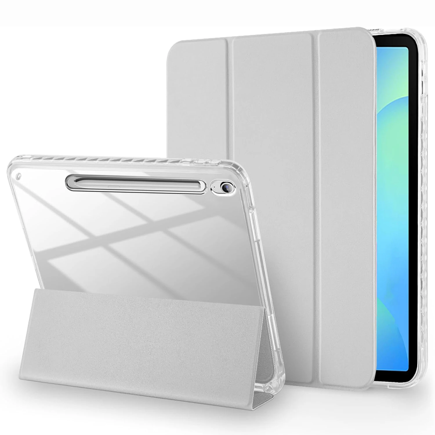 Clear Crystal Tablet Case with Pen Slot - PU Leather Flip Magnetic Stand Cover