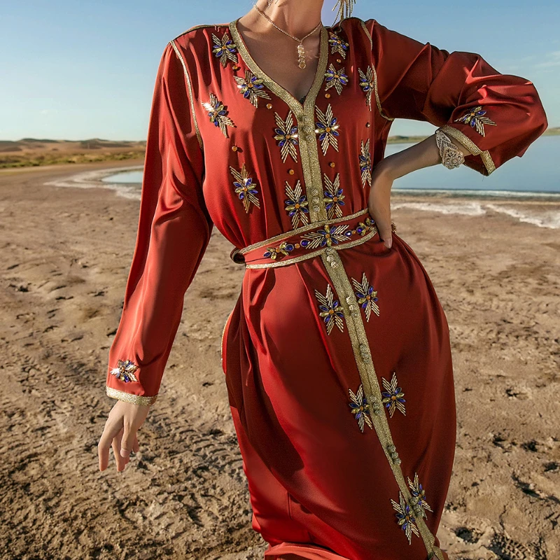 Islam Abayat Red Fashion Elegant Abayas for Women Dubai Turkey Eid Chic Dresses Party Kaftan Islamic Clothing Belt Wholesale