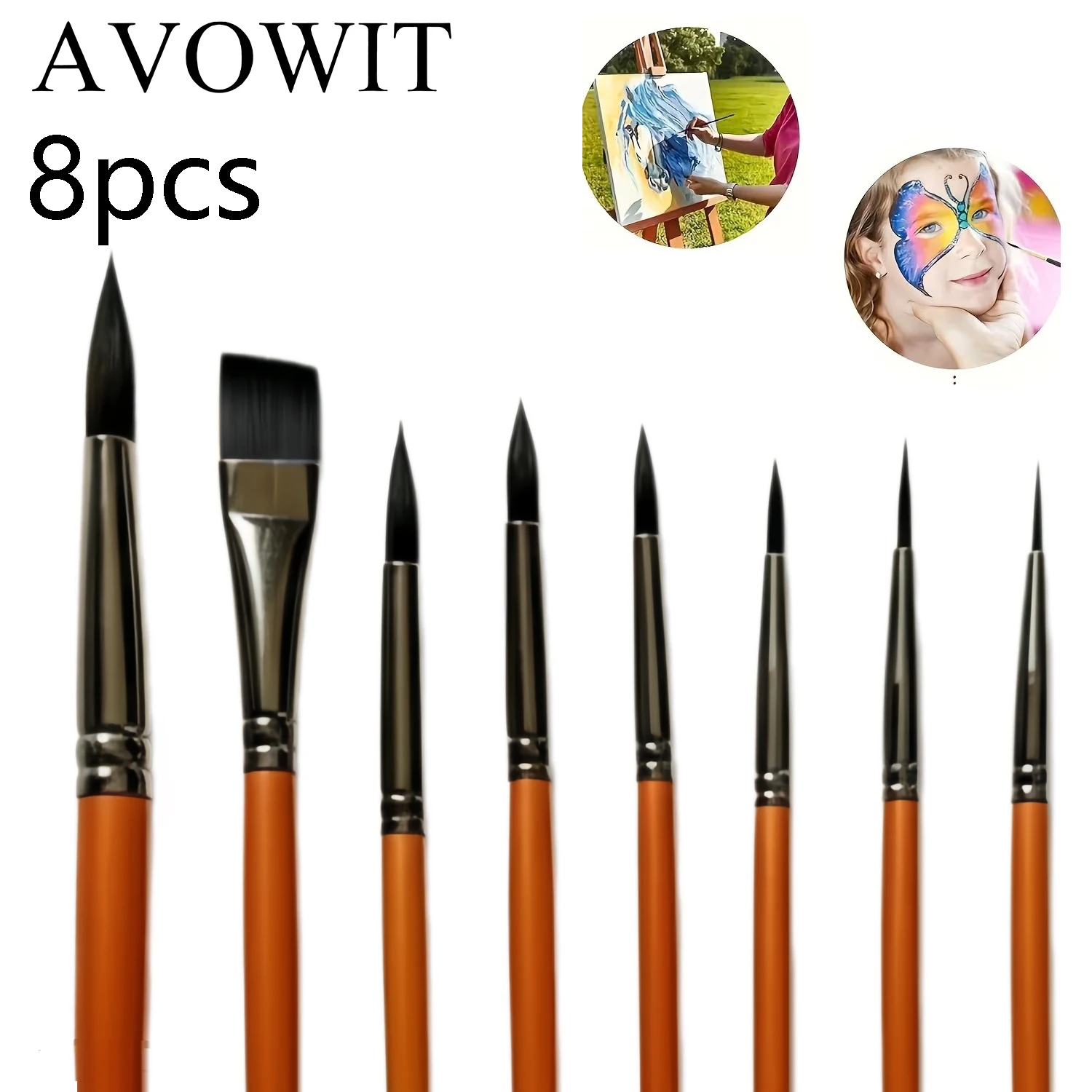 AVOWIT 8개 아트 페인트 브러쉬 - 아크릴, 수채화, 유화, 페이스 페인팅, 캔버스 및 DIY용 다용도 원형 및 평면 나일론 브러쉬