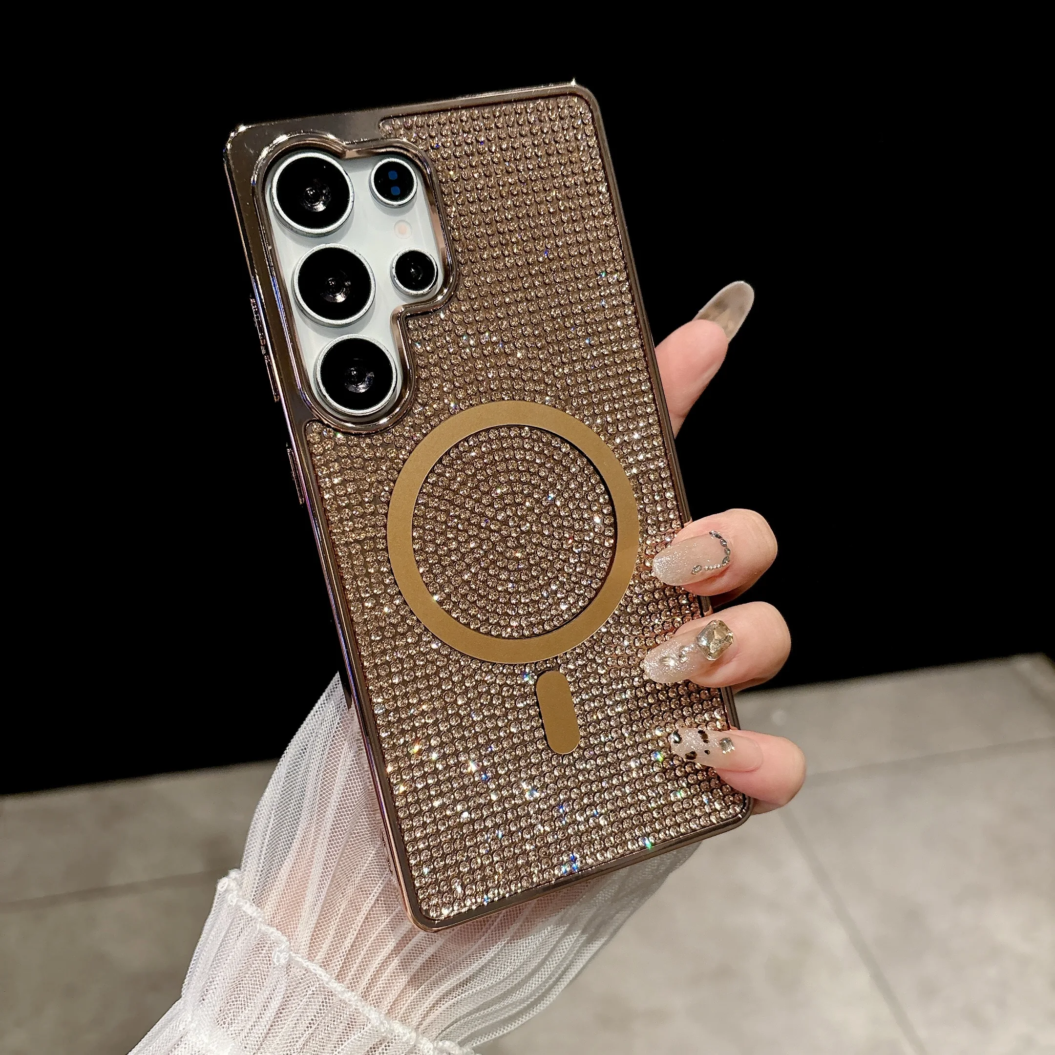 Glitter Diamond Plating TPU+PC Phone Case with Wireless Charging and Magnetic Feature - Girly Cover