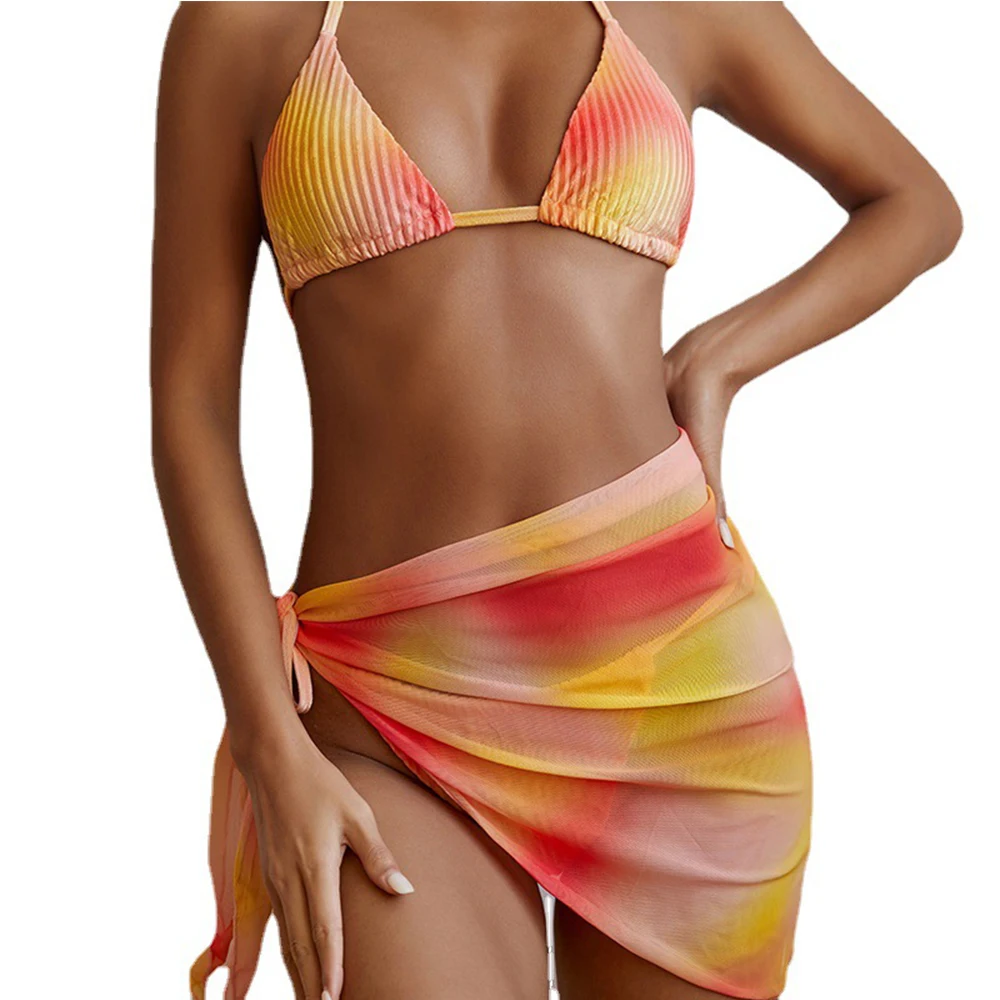 

FS Rainbow Gradient Print Thong Bikinis Set Swimwear For Women 3 Pieces Sliding Triangle Swimsuits Bathing Suits With Skirt