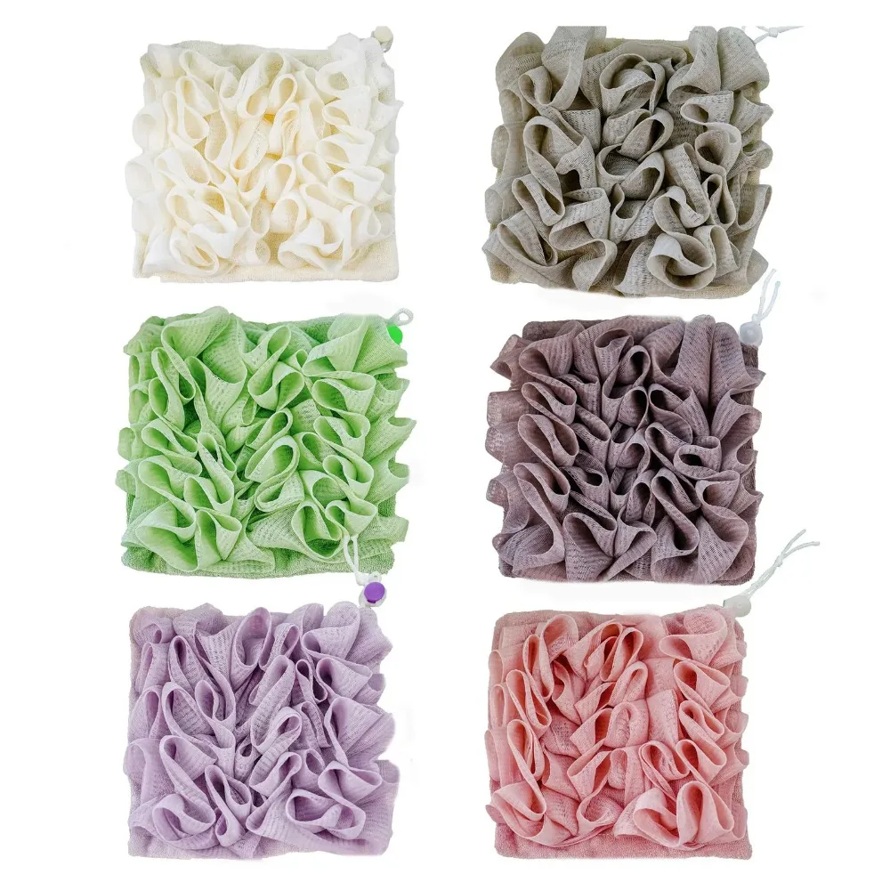 6PCS Loofah Washcloth Combo - 2-in-1 Exfoliating Shower Sponge With Drawstring Soap Holder - Soft Bath Puff Ball For Body Wash & Smooth Skin (Multicolor Set