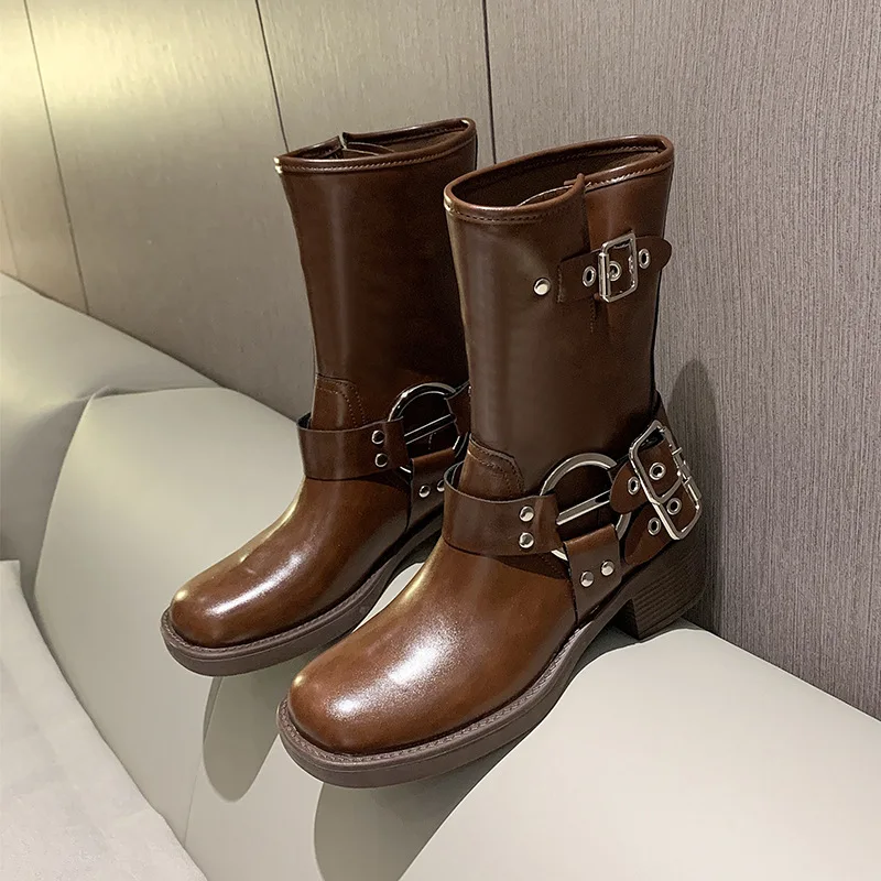 High Quality Ladies Shoes 2026 Autumn Winter New Women's Western Cowboy Boots Retro Brown Belt Buckle Round Head High Boots