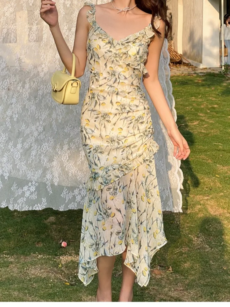 

Office Lady Strap Flounce Design Slim Summer Women Dress 2023 Korea Holiday Floral Print Robe Vintage Chic Elegant Y2k Outfits