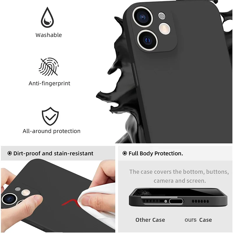 Black Shockproof Soft Phone Case with Tempered Glass Protective Cover