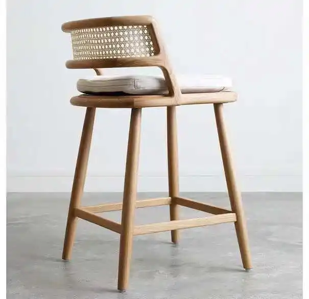 MORE DESIGN Wooden Coffee Cafe Shop White Cushion Armrest High Counter Dining Restaurant Wood Kitchen Bar Chair