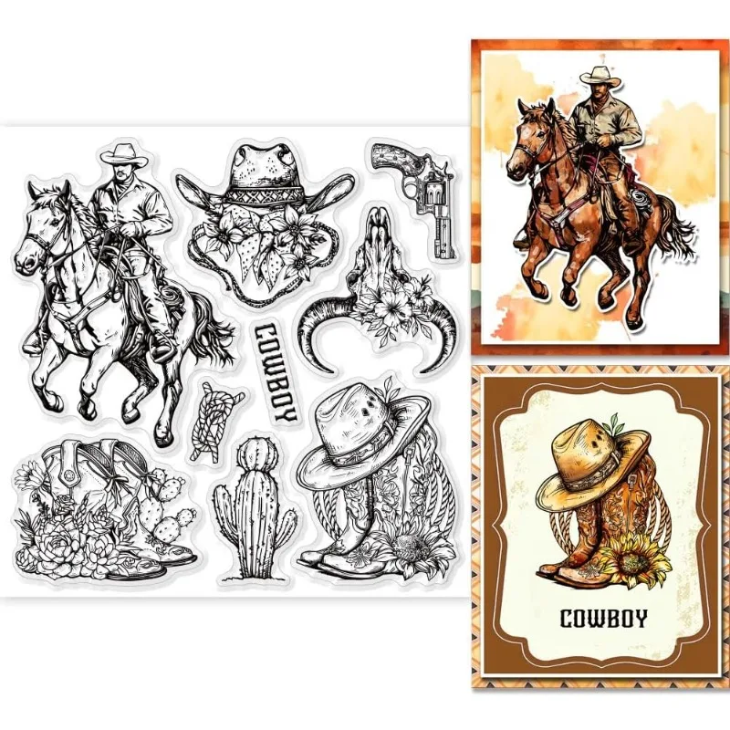 Cowboy Clear Stamps for Cards Making Wild West Clear Stamp Seals 5.91x5.91inch Transparent Stamps for DIY Scrapbooking 1Sheet clear stamps,clear rubber stamps