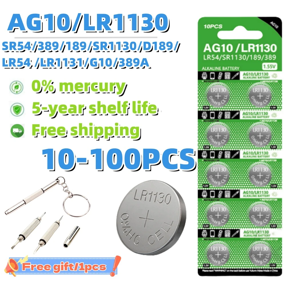 10 Pz-100 Pz 1.55V Ag10 Lr54 Batterie A Bottone Sr54 389 189 Lr1130 Sr1130 Batteria Alcalina A Moneta Rotonda Per Orologio Giocattoli Orologio
