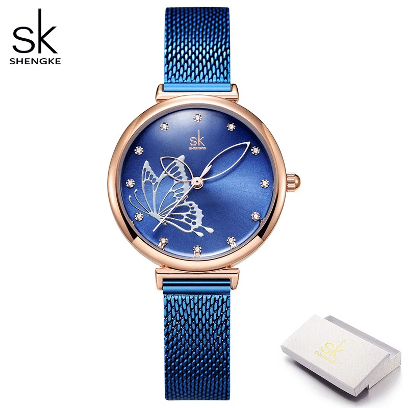 Shengke-ساعة يد كوارتز فاخرة للنساء ، سوار أزرق من...