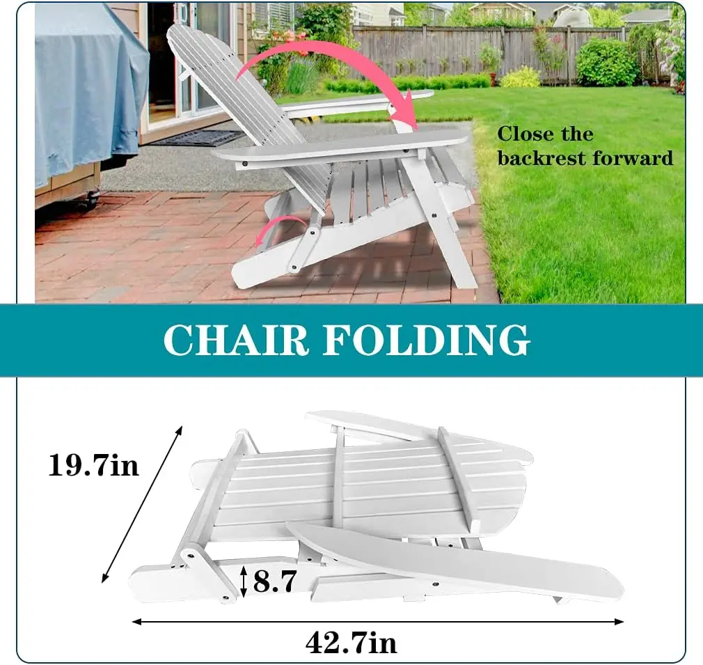 Adirondack Chair,Folding Wooden Lounger Chair，All-Weather Chair for Fire Pit/Garden/Fish with 250lbs Duty Rating，White