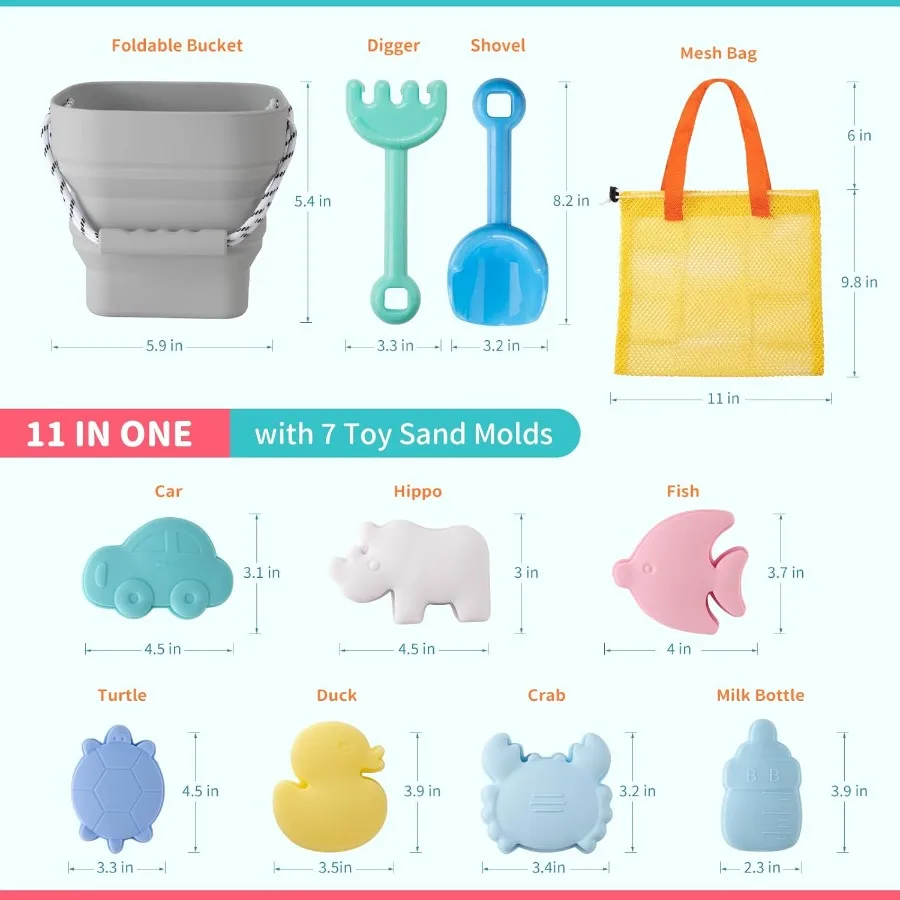 Silicone Beach Toys Modern Baby Travel Friendly Beach Set Bucket Shovel 7 Sand Molds Bag Sand Toys for Toddlers 11pc Light Gray