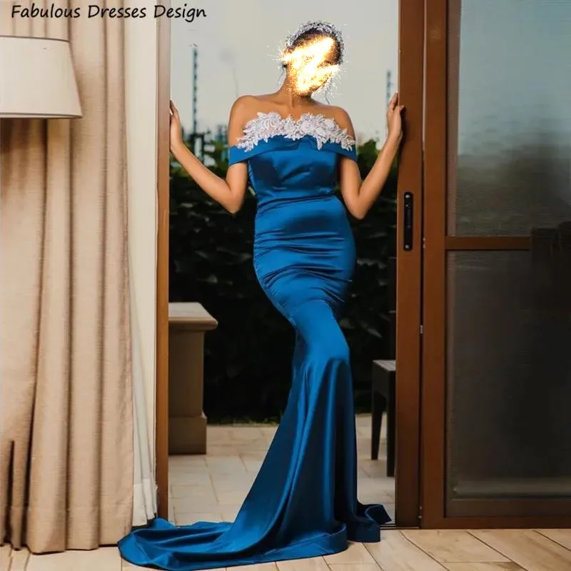 

Formal Blue Long Mermaid Prom Dresses Applique Lace Off Shoulder Women Evening Gowns Sweep Train Backless Wedding Party Dress