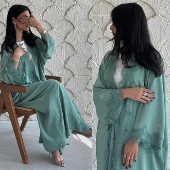 2025 Modest Elegant Kimono Abaya New Lace Spliced Long Open Robe for Muslim Women Traditional Islamic Clothing 1