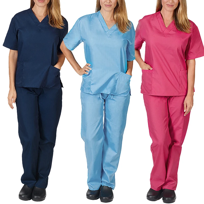 S-2XL 11Colors V-Neck Short Sleeve Pocket Care Workers Uniform Soft Breathable Clinic Nurse Summer Blouse Tops Pants Set