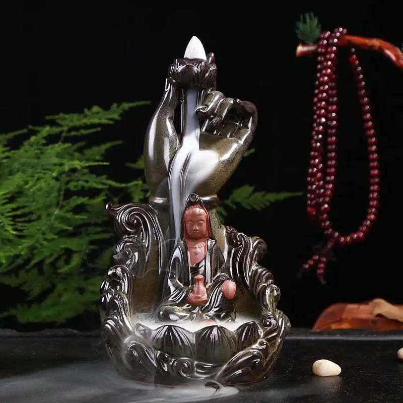 Large Ceramic Backflow Incense Burner with Lotus Hand Design for Home Decor Meditation Zen Atmosphere and Yoga Gift