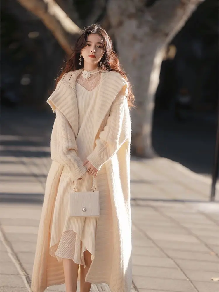 French Retro Lapel Long Sweater Knitted Cardigan Loose Versatile Lazy Wind Knitted Coat Fall and Winter New Long Cardigan Women