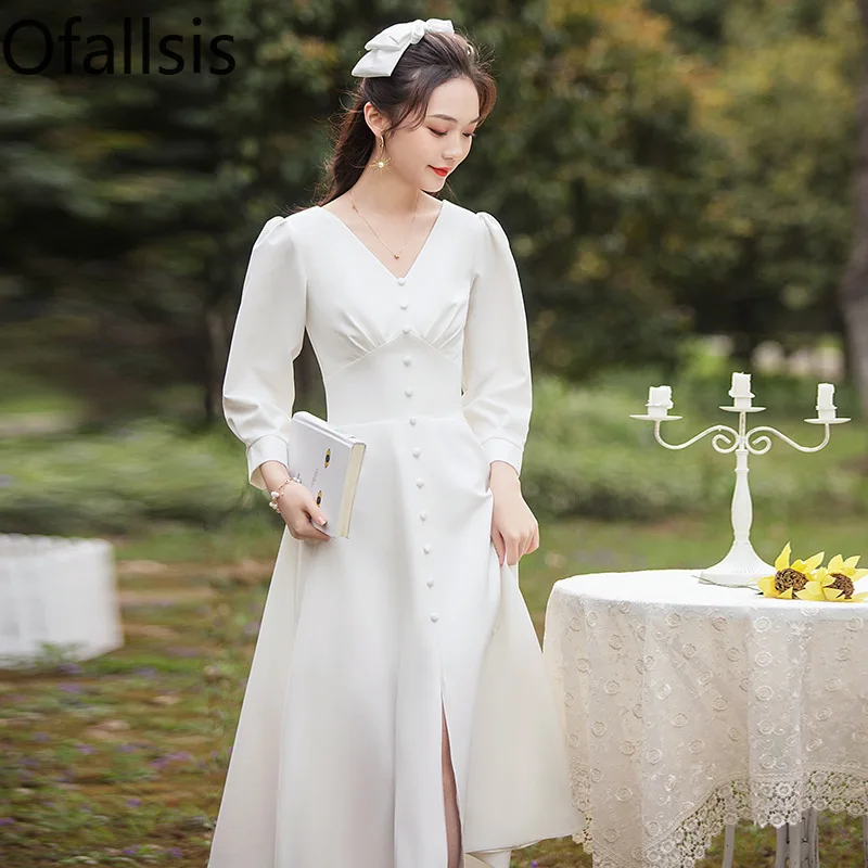 

Женское атласное платье с V-образным вырезом Ofallsis, маленькое белое элегантное винтажное свадебное платье во французском стиле, весна 2024