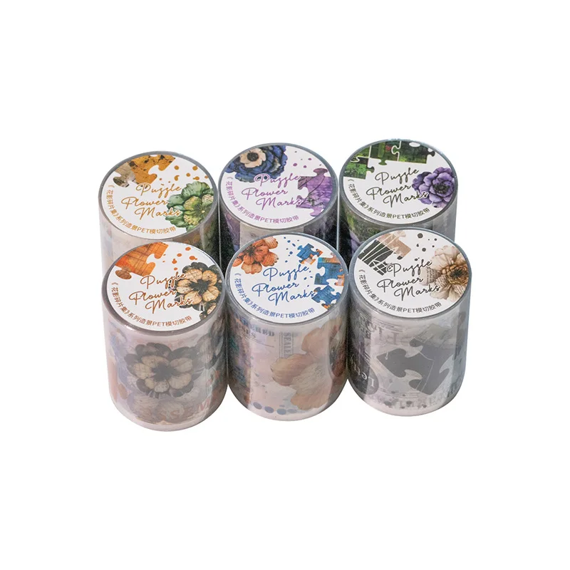 1롤/2롤 플라워 섀도우 프래그먼트 장면 테이프 PET 다이컷 타입 저널 배경 장식 재료 6개 세트