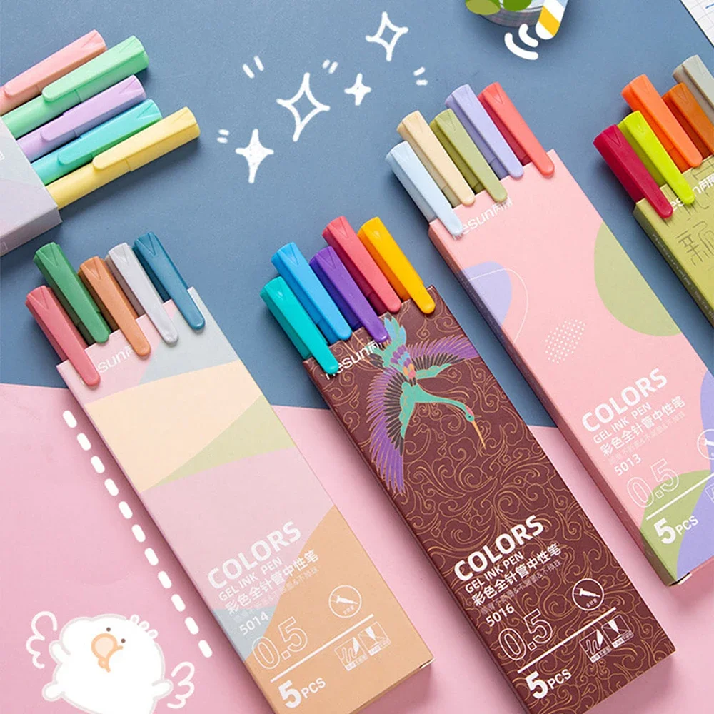 5Pcs/box Retro Kawaii Diverse Color Gel Pen Set 0.5mm Fine Tip Ballpoint Pen for Students To Write on School Stationery 2