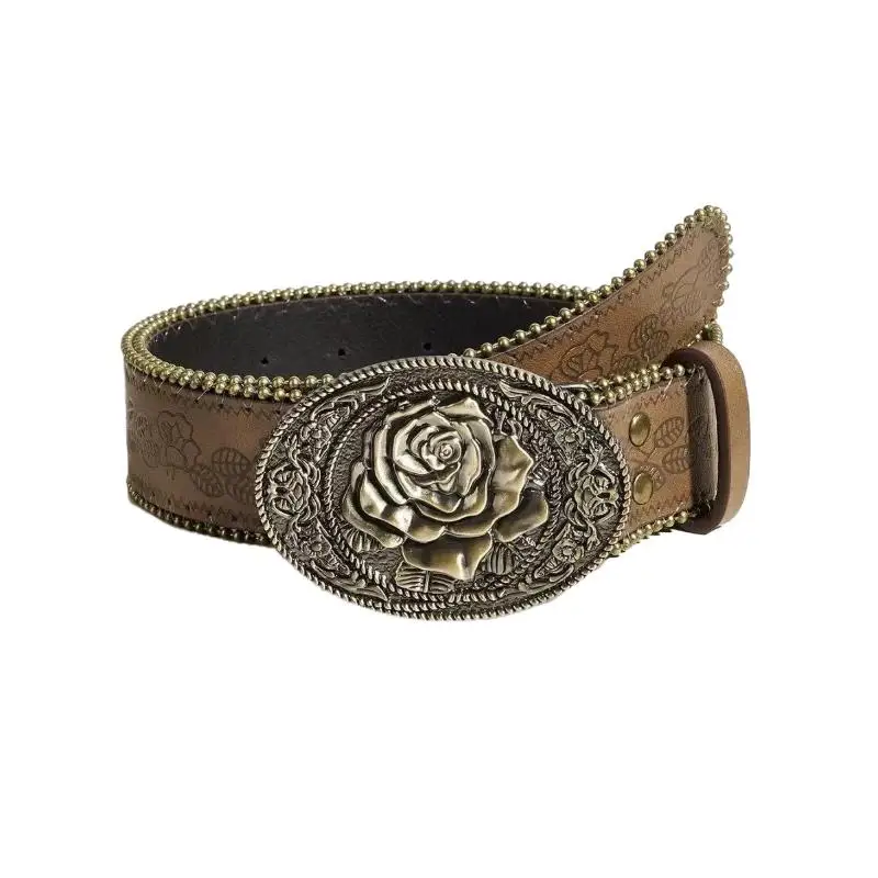 Vintage Carved Buckle PU Wide Belts Boho Brown Embossed Waistband Western Jeans Pants Belt