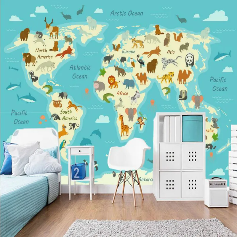 

Cartoon Hand Painted Around World Animal Map Wall Paper 3D Children's Room Home Decor Mural Wallpaper for Kids Room Walls 3D