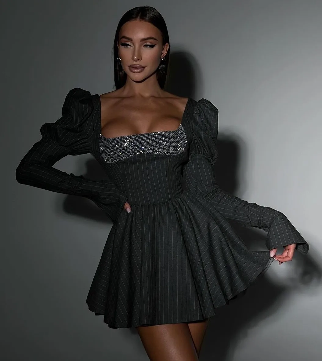 

Women Elegant Black Formal Party Dress Long Sleeve Square Collar Beading Sequines Laced Up Stripe A Line Dresses High Street