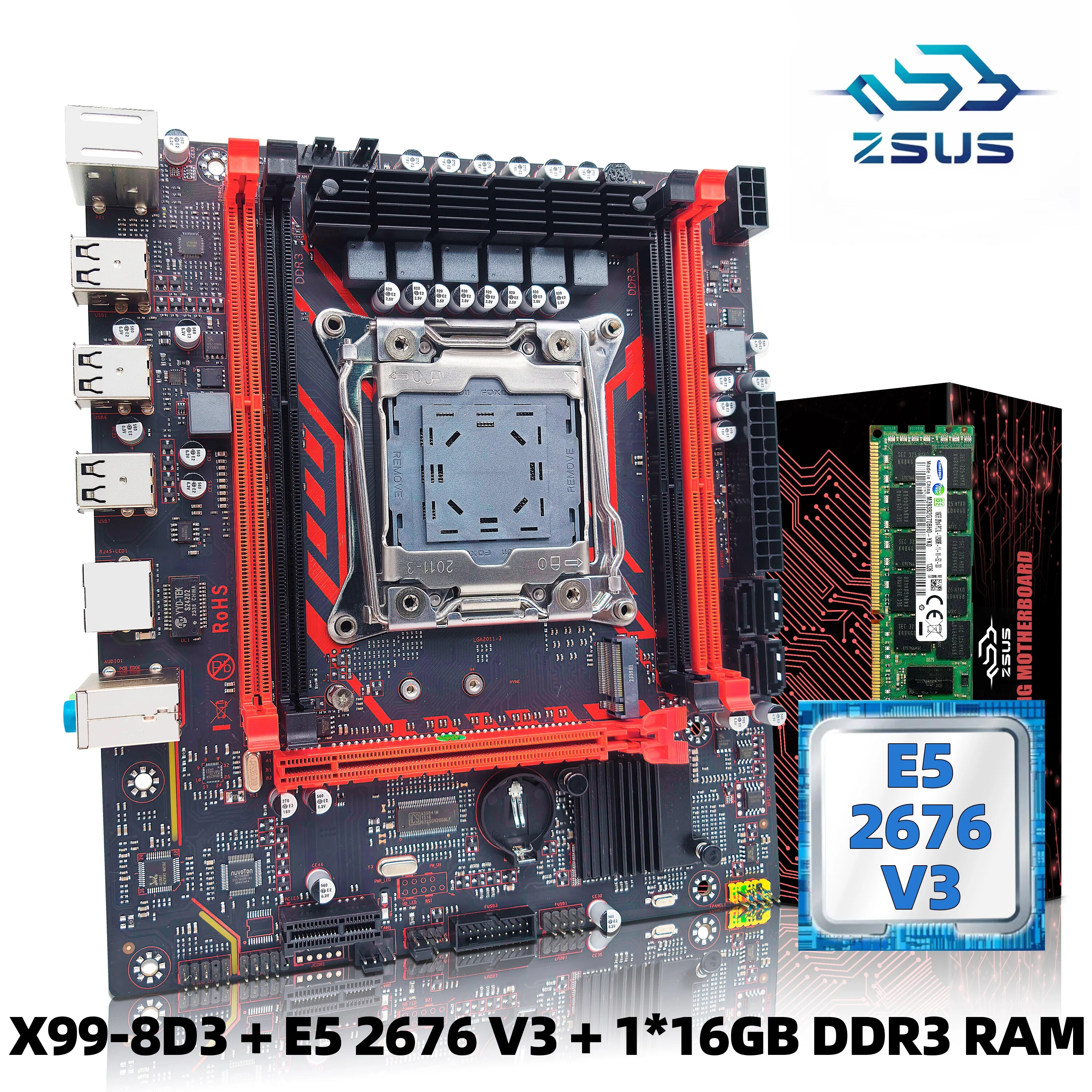 X99-8D3 ZSUS Motherboard Set Kit With Intel LGA2011-3 Xeon E5 2676 V3 CPU DDR3 116GB 1600MHZ ECC RAM Memory NVME M.2 SATA