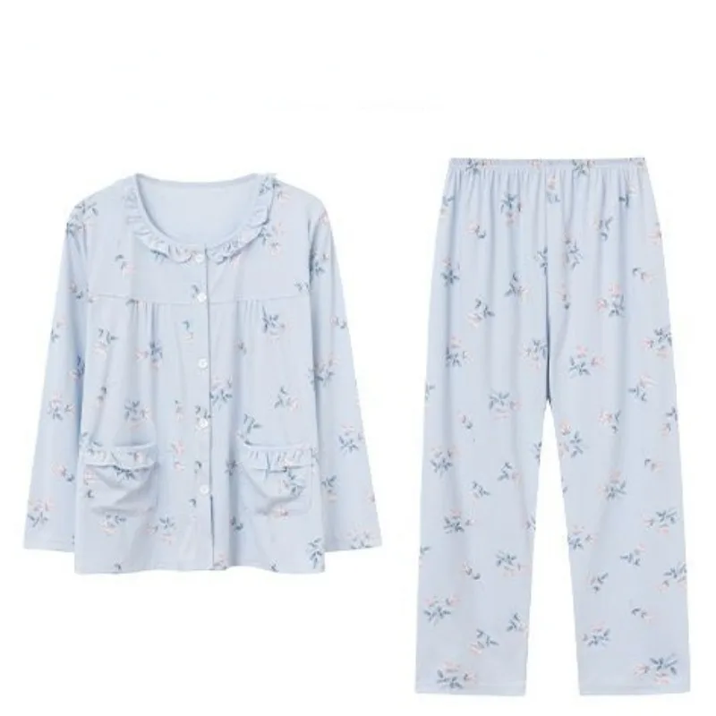 Pajama Women's Spring Autumn Long Sleeved Sleepwear Pure Cotton Sweet Elderly Loungewear Cardigan Loose Oversized Homewear Set