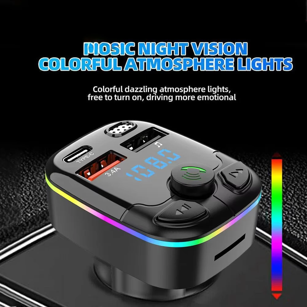 Dual USB 3.1A Bluetooth 5.0 FM Transmitter PD Type-C Colorful Ambient Light Car Accessories Player Phone Hands Free Car Radio
