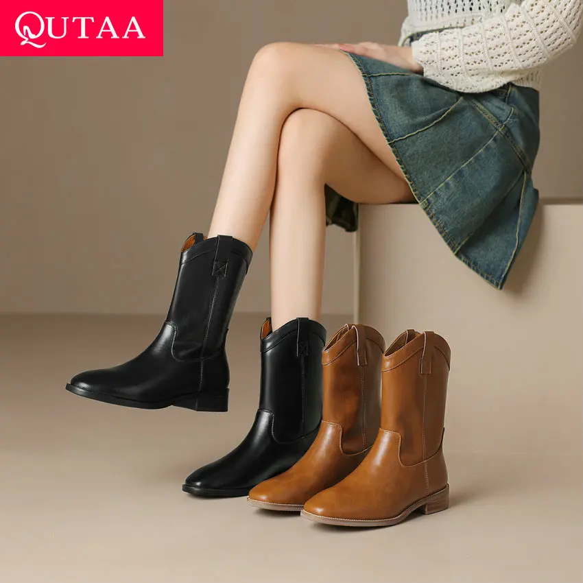 

QUTAA 2024 Low Heels Women Mid-Calf Boots Autumn Winter New Slip On Round Toe Genuine Leather Shoes Woman Size 34-40