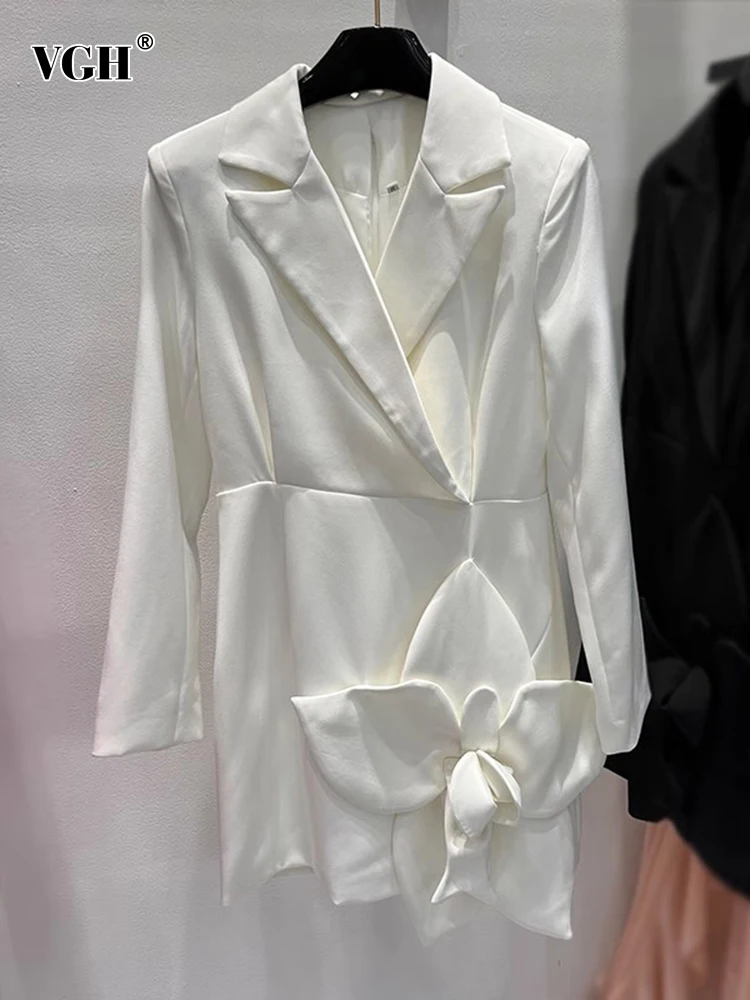 

VGH Solid Patchwork Appliques Elegant Dresses For Women Notched Collar Long Sleeve High Waist Temperament Mini Dress Female New