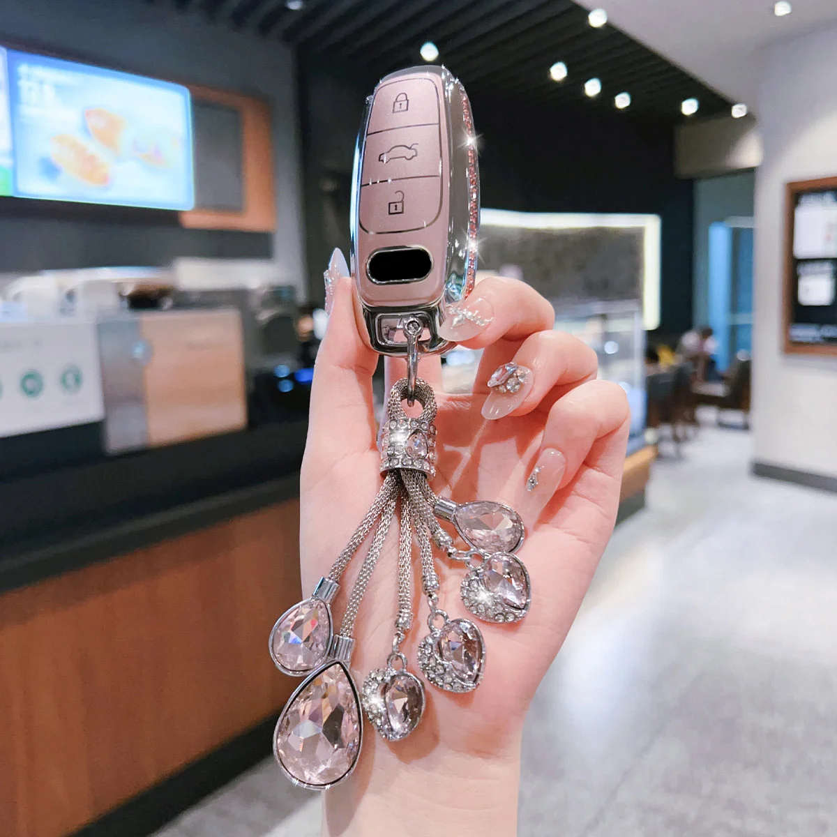 아우디 A6 A6L A7 A8 A8L A3 E-tron 55 Q7 Q8 C8 2019 2020 2021 리모트 스마트 자동차 키 케이스 커버 폴더블 다이아몬드 핑크 TPU