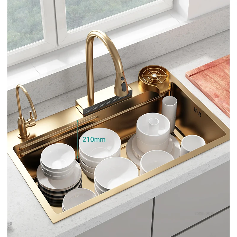 Personalized Beige Gold Sinks for Hotel Modern Thickened Metal Smart Kitchen Sink Minimalist Kitchen Sinks with Basket for Home