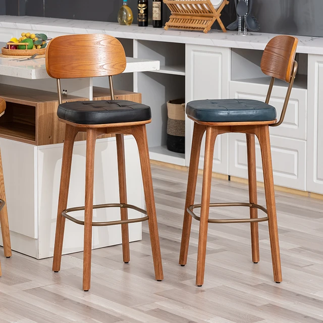 Silla de Bar de madera para salón, Taburete Alto de cuero de lujo para  jardín, moderno estilo nórdico, tocador de mediados de siglo, muebles para  sala de estar - AliExpress