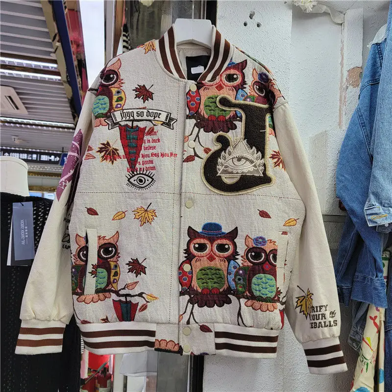 

Autumn and Winter Embroidery Birds Bomber Jacket For Women and Men Hip Hop Loose Couple Casual Jacket Coat Outwear