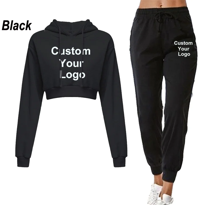 New Women 2 Piece Customize Your Logo Sweatsuit Outfits Crop Hoodies and Jogger Pants Tracksuit Casual Jogger Sets 2