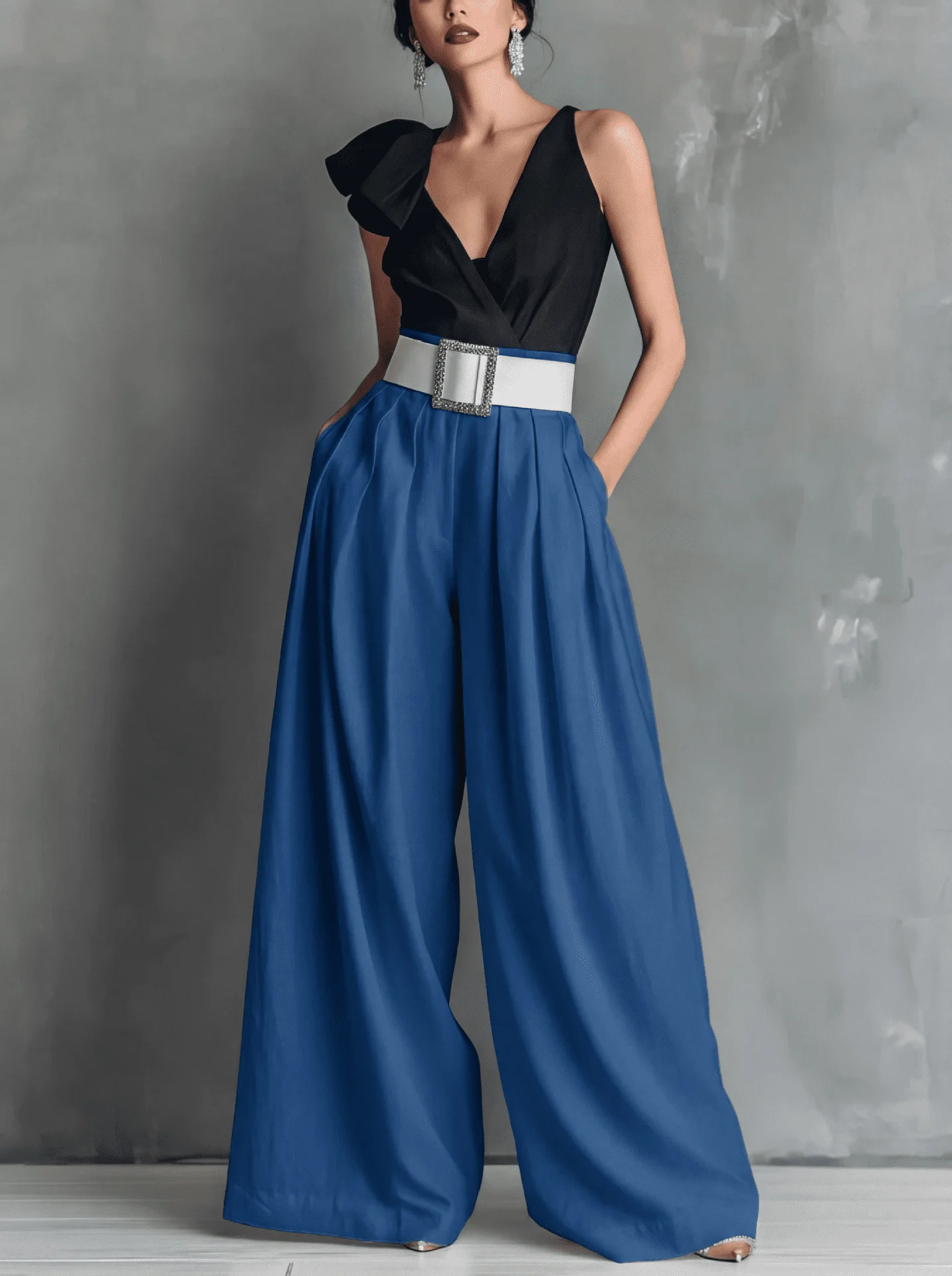 Damen High-Waist Weite Hosen mit Quadratischem Schnallenverschluss, Plissierte Lose Lange Hosen für Büro, Abend und Party – Detail 25