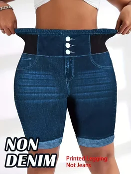 Plus Size Tummy Control Biker Shorts, Chic 3-Button Faux Denim Cycling Shorts, High Waist Slimming Yoga Bottoms for Curvy Women 1