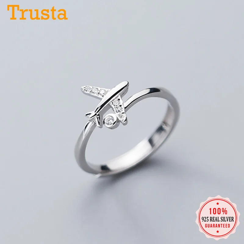 TrustDavis Real 925 Sterling Silver Fashion Sweet Aircraft CZ Opening Ring For Women Wedding Birthday Present Fine Jewelry DA976