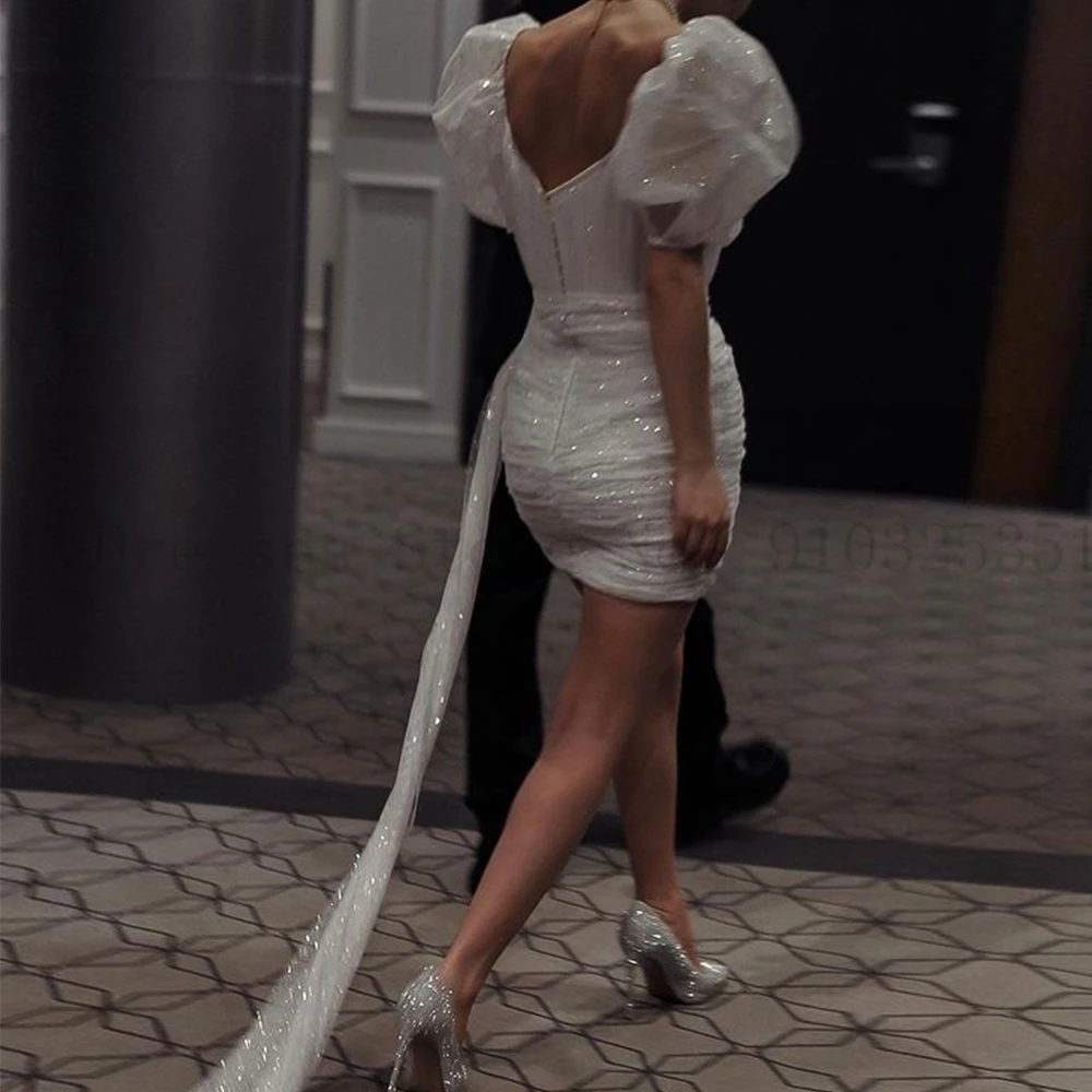 Customized Puffy Tulle Sleeve Robe De Mariée 2025 Short Wedding Dresses Glitter Mini Women Dress V Neck Zipper Back Bridal Gowns 4