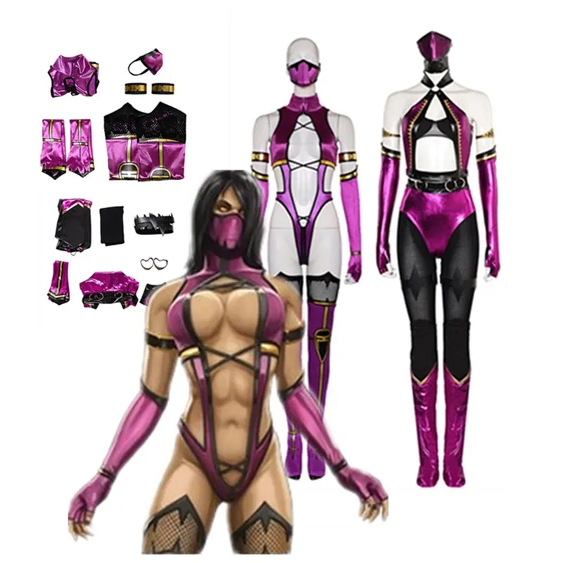 

Mileena Cosplay Game Mortal Cos Kombat Fantasy Costume Adult Women Jumpsuit Mask Gloves Outfits Halloween Carnival Disguise Suit