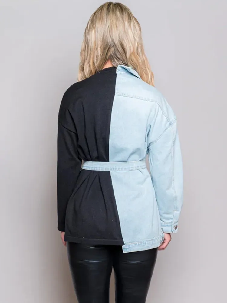 BPN patchwork Denim Jacket For Women Lapel Long Sleeve hit color Streetwear spliced lace up loose Jackets Female Clothes Fashion