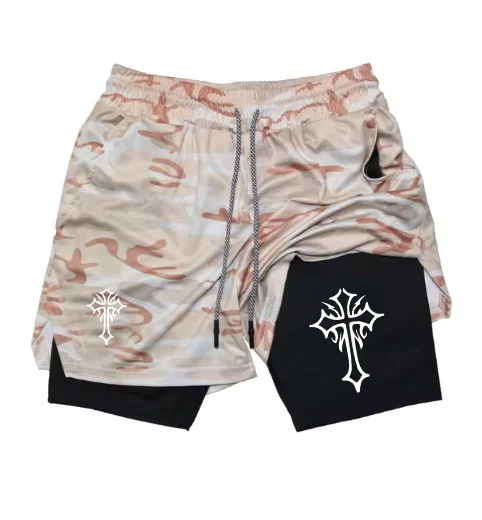 Cross Print 2 in 1 Workout Running Shorts for Men Christian Gym Athletic Shorts with Compression Liner Phone Pocket Towel Loop 3
