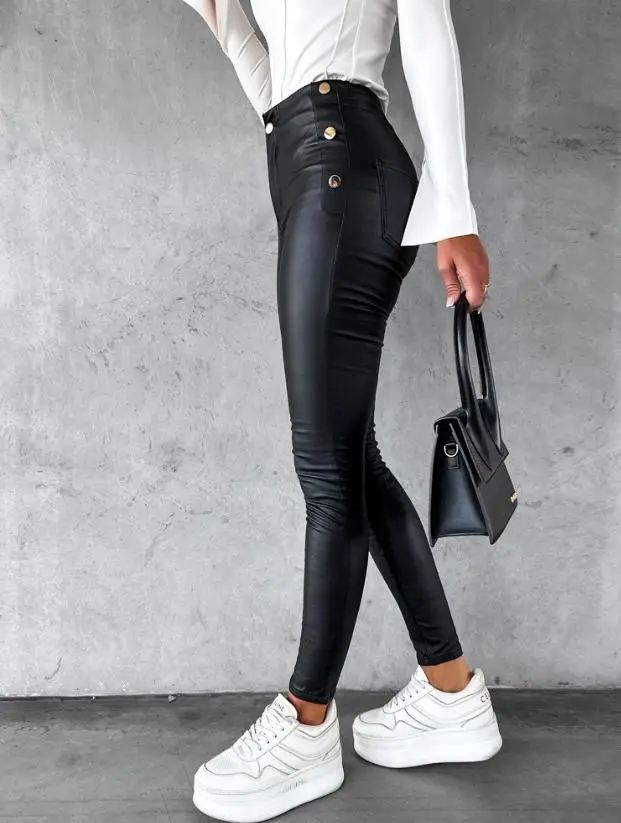 Street Women's Casual Summer Pants, Sexy and Fashionable New Pu Leather Side Buckle Slim Fit, Slim Commuting Elastic Leggings