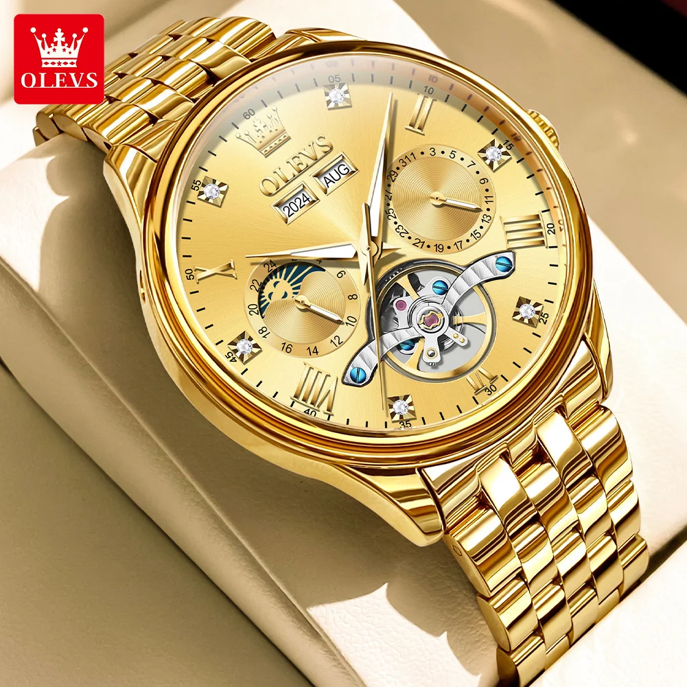 OLEVS Multifunctional Men's Watches Waterproof Fully Automatic Mechanical Watch for Man Moon Phase Original Brand Wristwatch