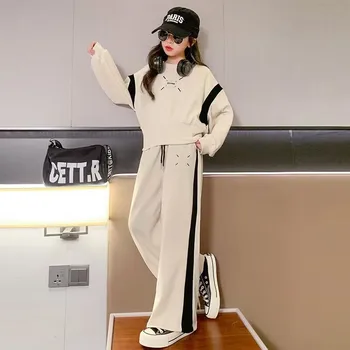 여아용 캐주얼 맨투맨 세트, 대학 스타일, 주니어 키즈 긴 소매 탑, 와이드 레그 팬츠, 용수철 운동복 3-15 세 홈웨어, 가을