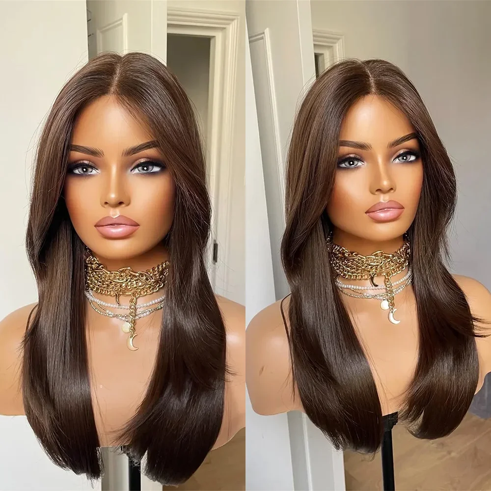 글루리스 프리 스트레이트 브라운 롱 26인치 5x5 실크 베이스 유대인 인모 가발 베이비 헤어 HD 레이스 유럽산 헤어 프리플럭드