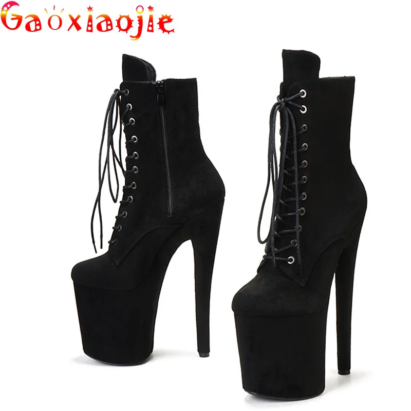 20cm Sexy Black Platform Pole Dance Shoes Stripper Heels Suede Ankle Boots Sexy Shoes Very High Heels Laces Round Head Low Leg
